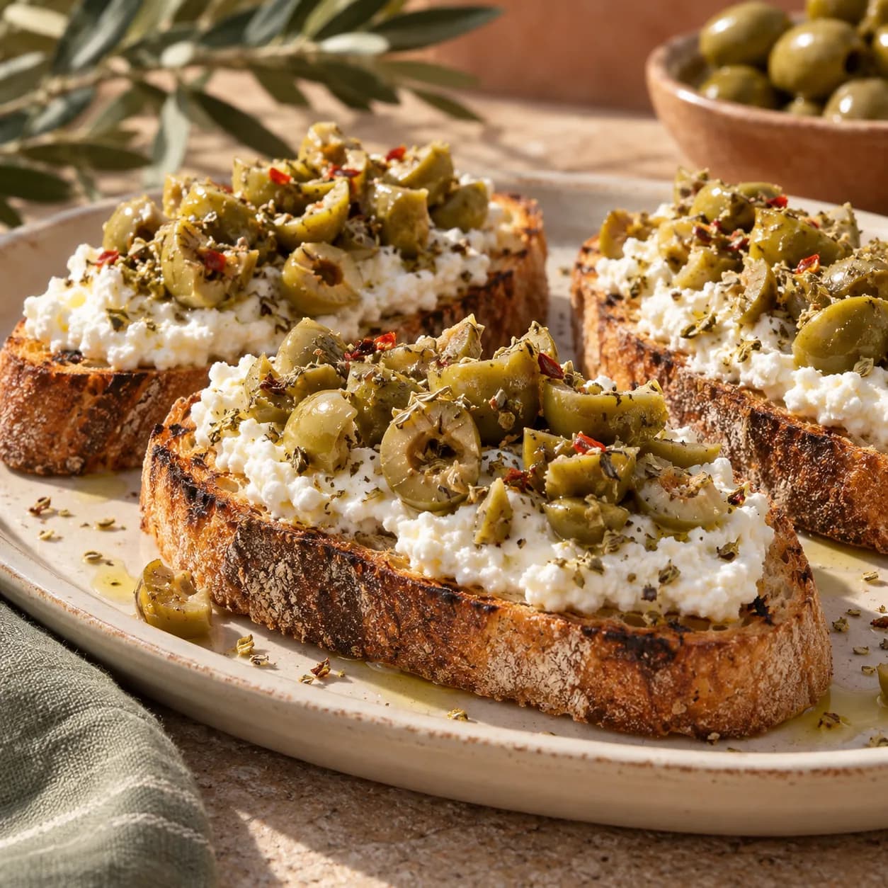 Bruschetta à la ricotta et aux olives aux aromates