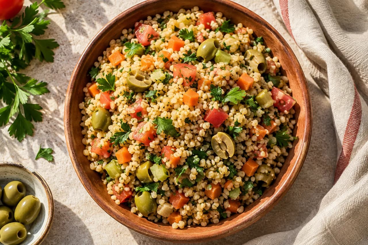 Salade de boulgour aux olives assaisonnées et légumes