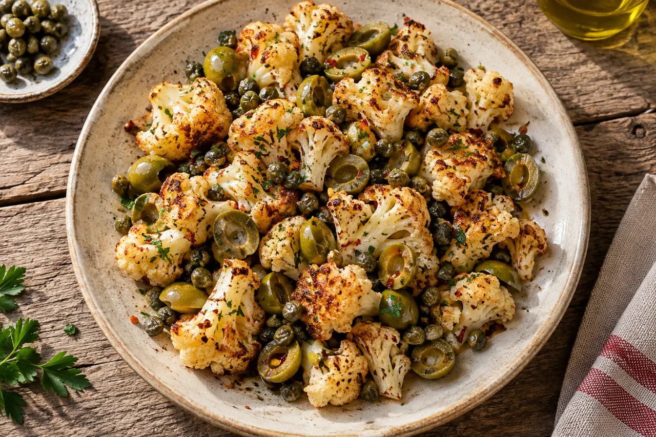Chou-fleur rôti aux olives vertes piquantes et câpres