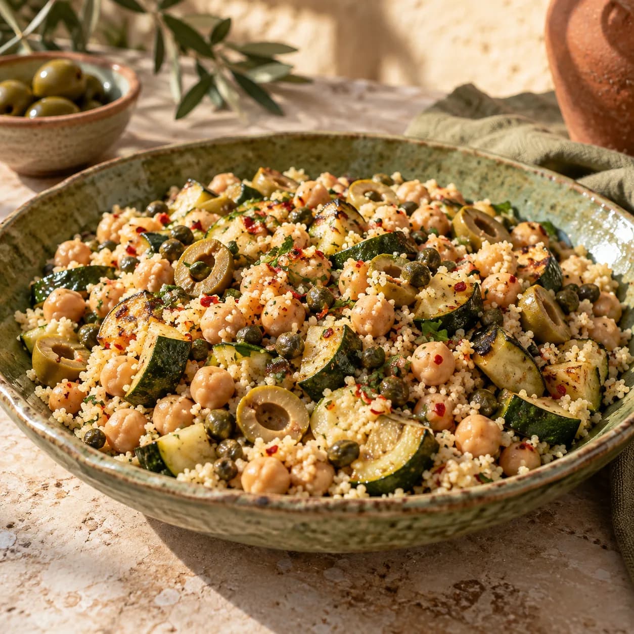 Couscous aux légumes, olives piquantes et câpres