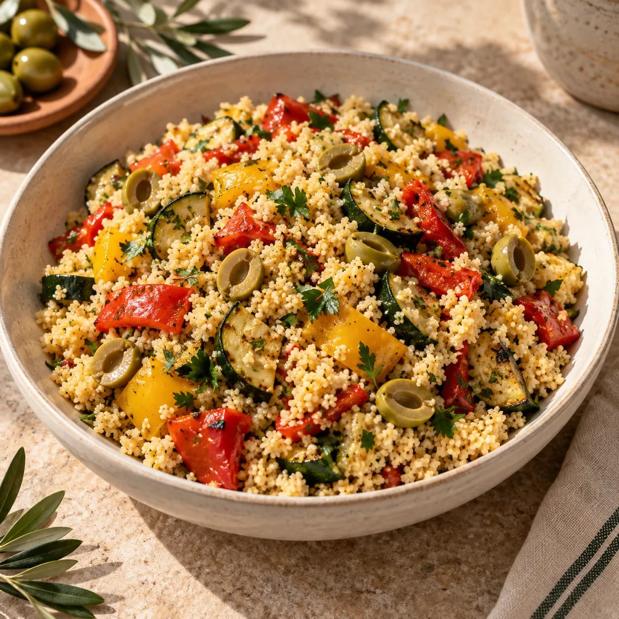 Couscous aux légumes rôtis et aux olives vertes