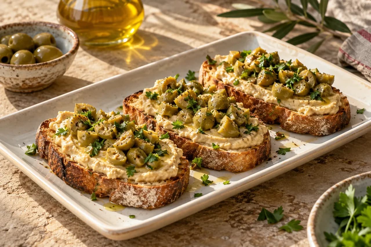Crostini con crema di ceci e olive verdi tritate