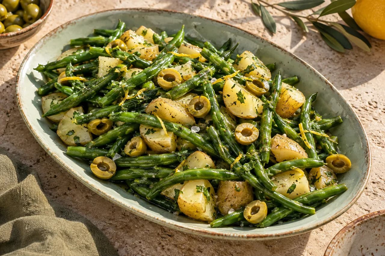 Salade de haricots verts, pommes de terre et olives vertes