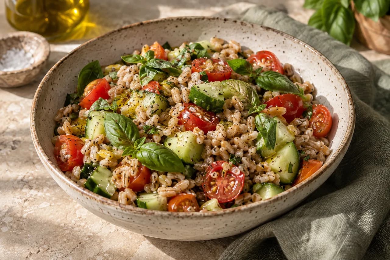 Ensalada de farro con tomates cherry y verduras