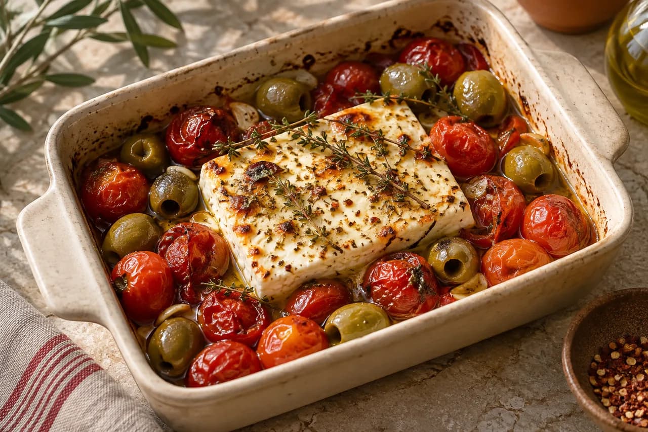 Feta au four avec tomates cerises et olives vertes