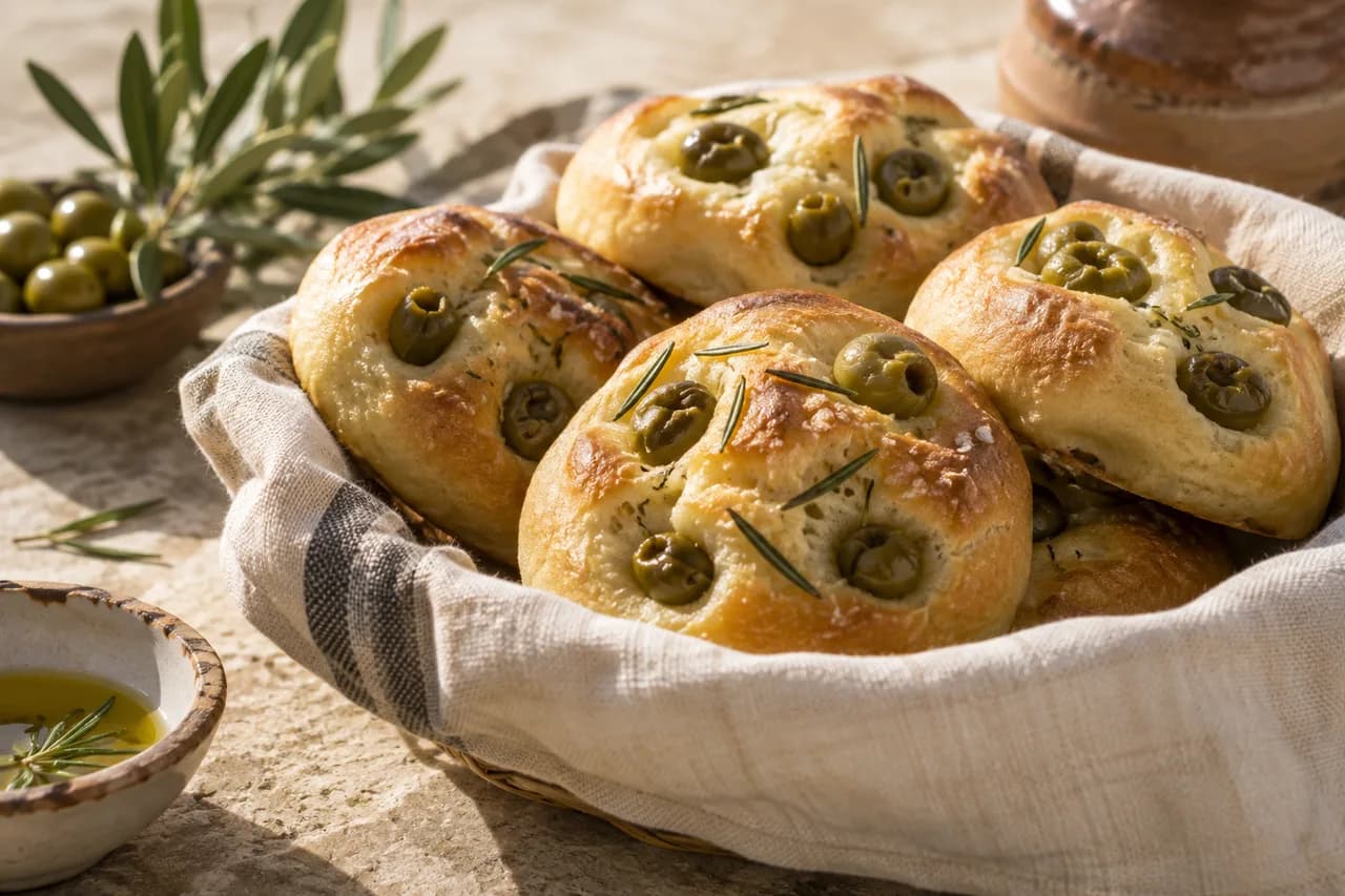 Petites focaccias dorées aux olives vertes dénoyautées