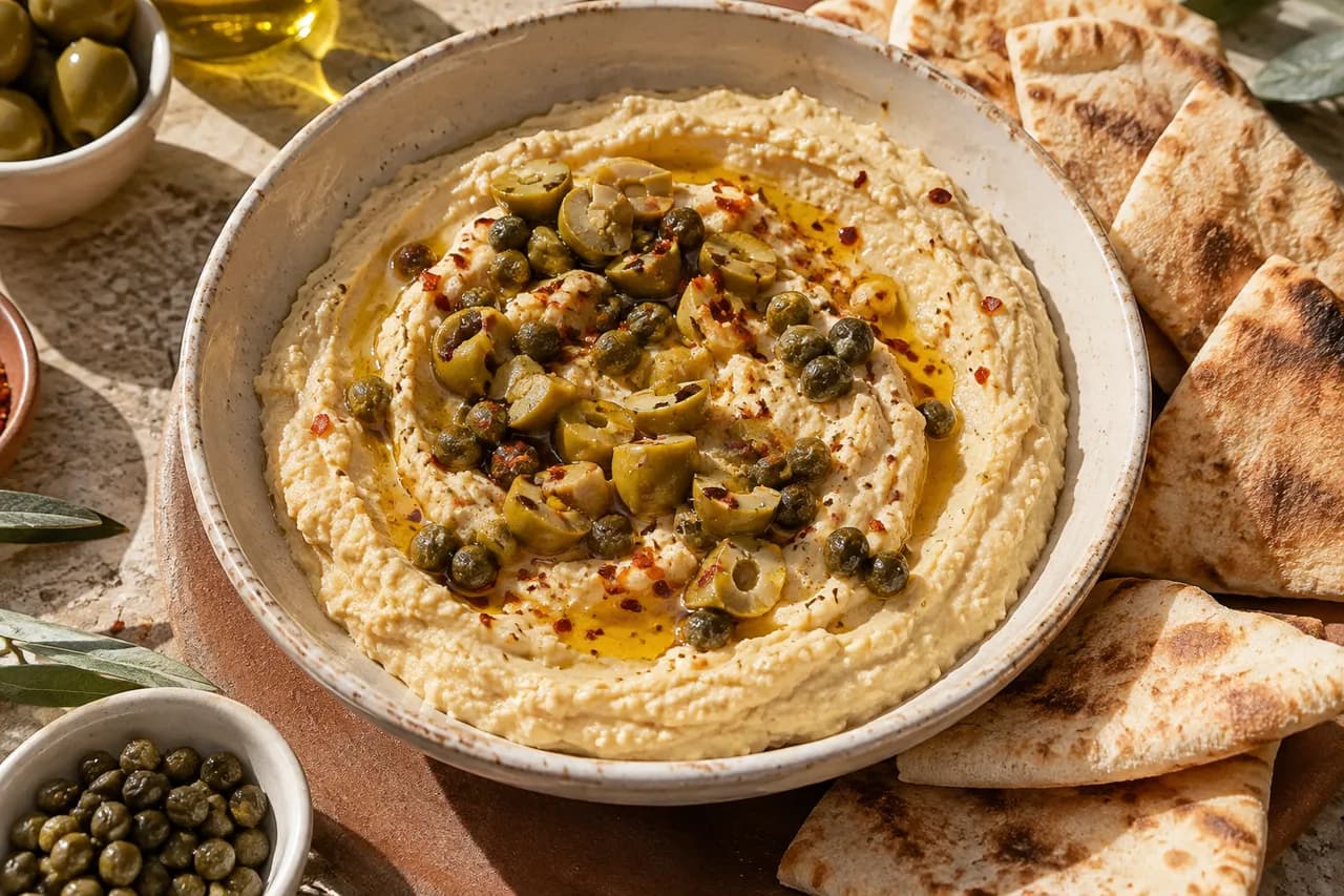Houmous aux olives piquantes, câpres et piment