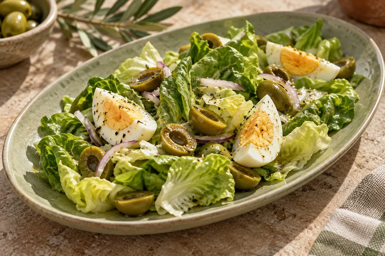 Lattuga con uova sode e olive verdi snocciolate