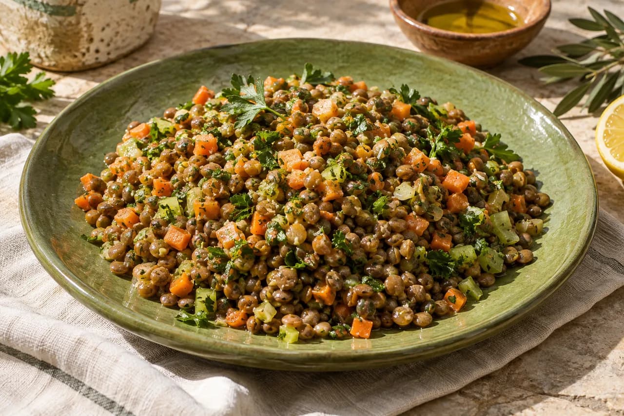 Ensalada templada de lentejas con hierbas y verduras