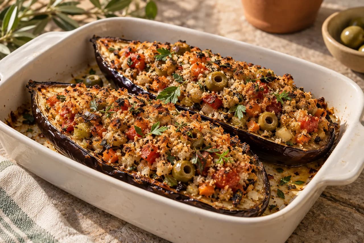 Aubergines au four farcies au pain, aux herbes et aux olives