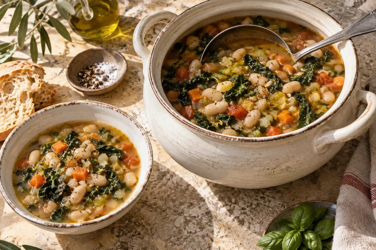 Minestrone de verduras y alubias con aceite de oliva
