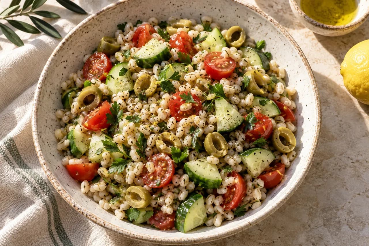Insalata di orzo con pomodorini, cetriolo e olive verdi