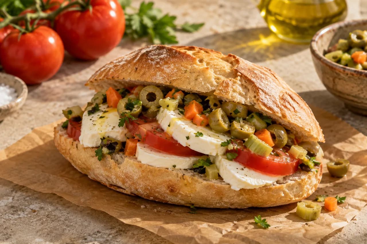 Sandwich rustique au fromage frais, à la tomate et aux olives
