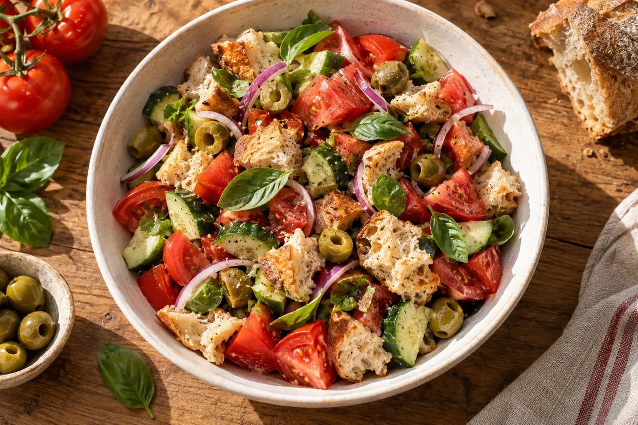 Panzanella au pain, à la tomate et aux olives vertes