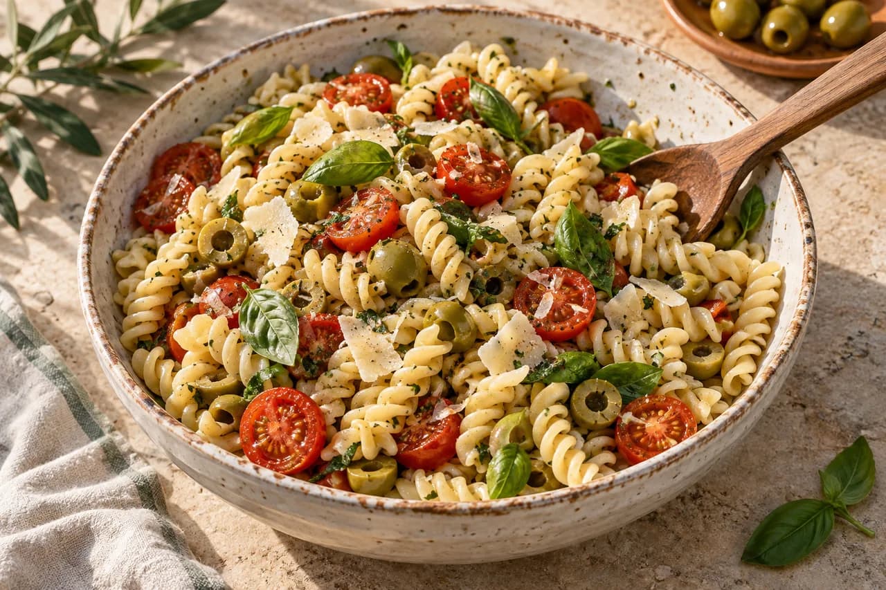 Fusilli freddi con pomodorini e olive verdi snocciolate