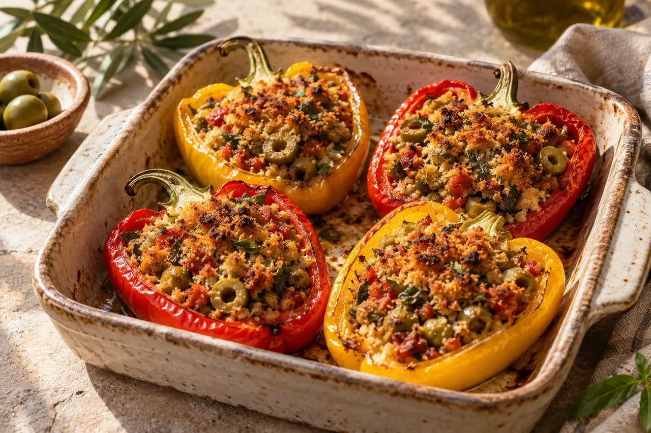 Peperoni al forno con ripieno di pane, pomodoro e olive