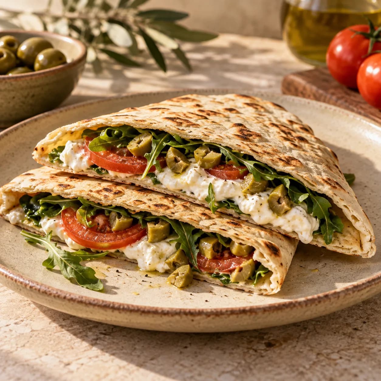 Piadina au fromage frais, à la roquette, aux tomates et olives