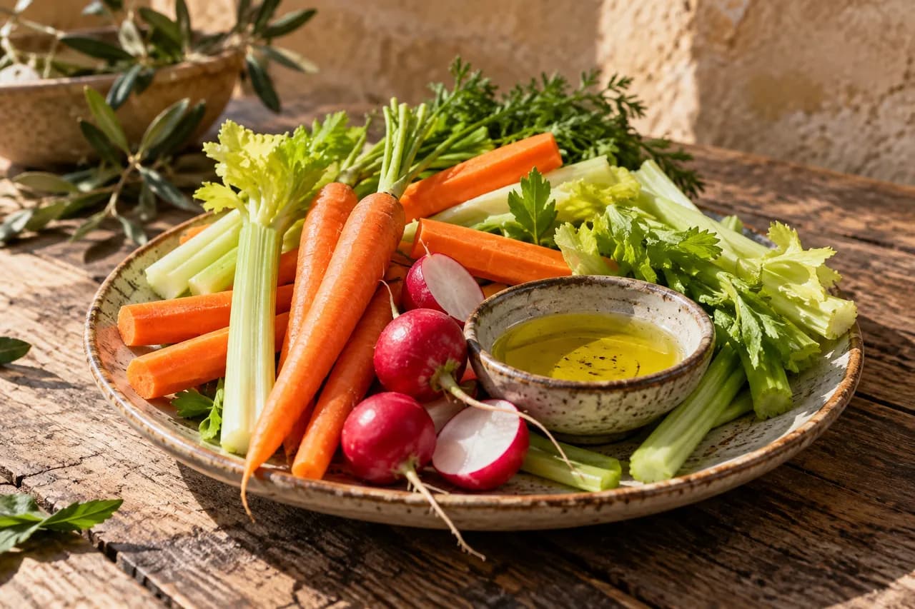 Crudités avec un petit bol d’huile d’olive