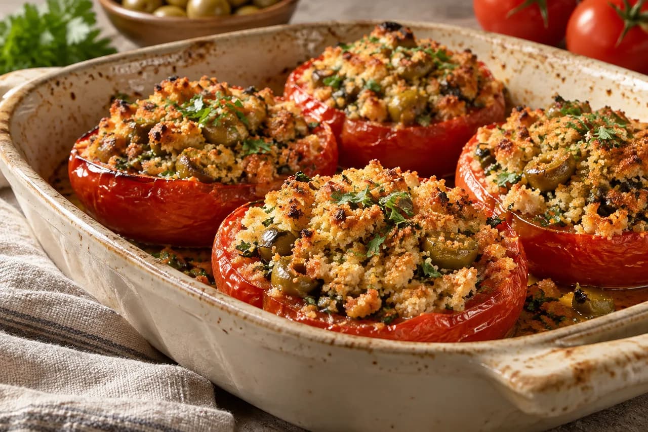 Pomodori gratinati con pangrattato e olive verdi
