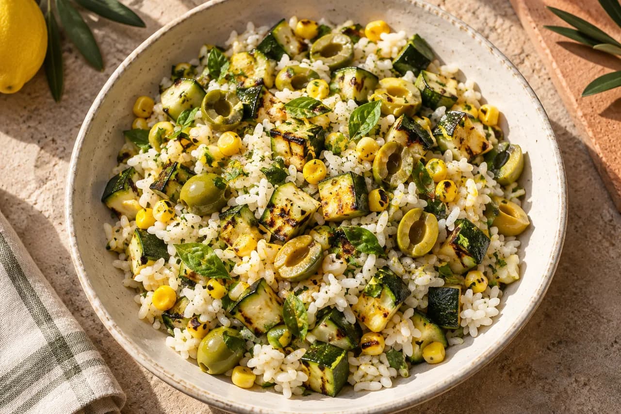 Insalata di riso con zucchine e olive verdi