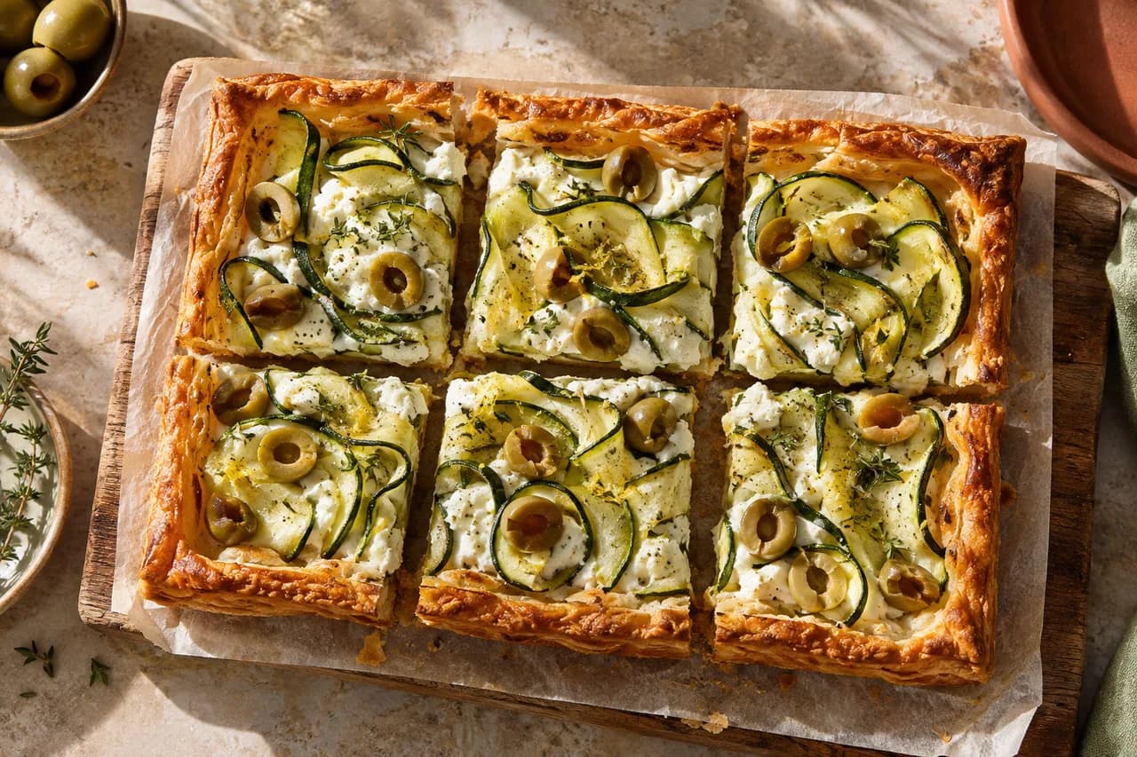 Sfoglia con zucchine, ricotta e olive verdi