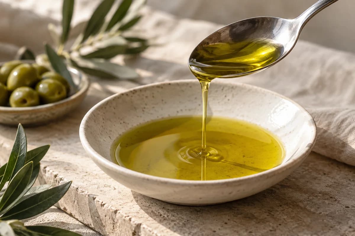Huile d’olive vierge extra dorée versée d’une cuillère dans un bol