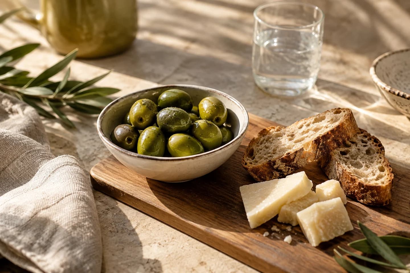 Idea aperitivo con olive verdi, pane e formaggio