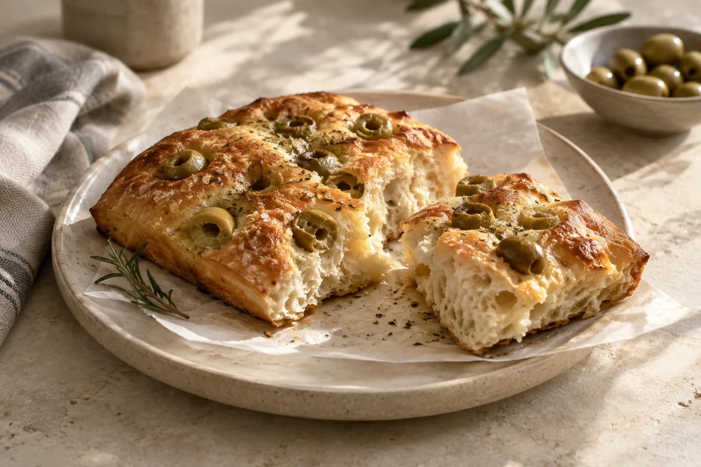 Focaccia dorata con olive verdi snocciolate