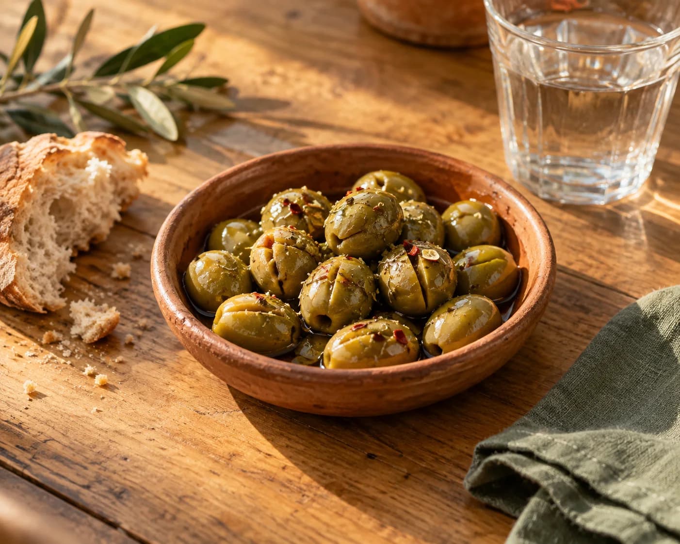 Olives vertes sur une table dressée pour l’apéritif