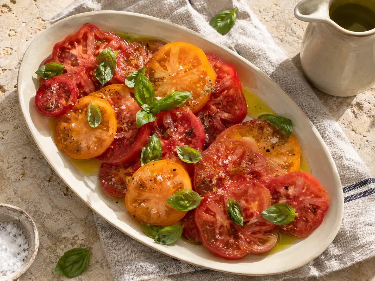 Sugerencia para servir: tomates con albahaca y aceite de oliva virgen extra