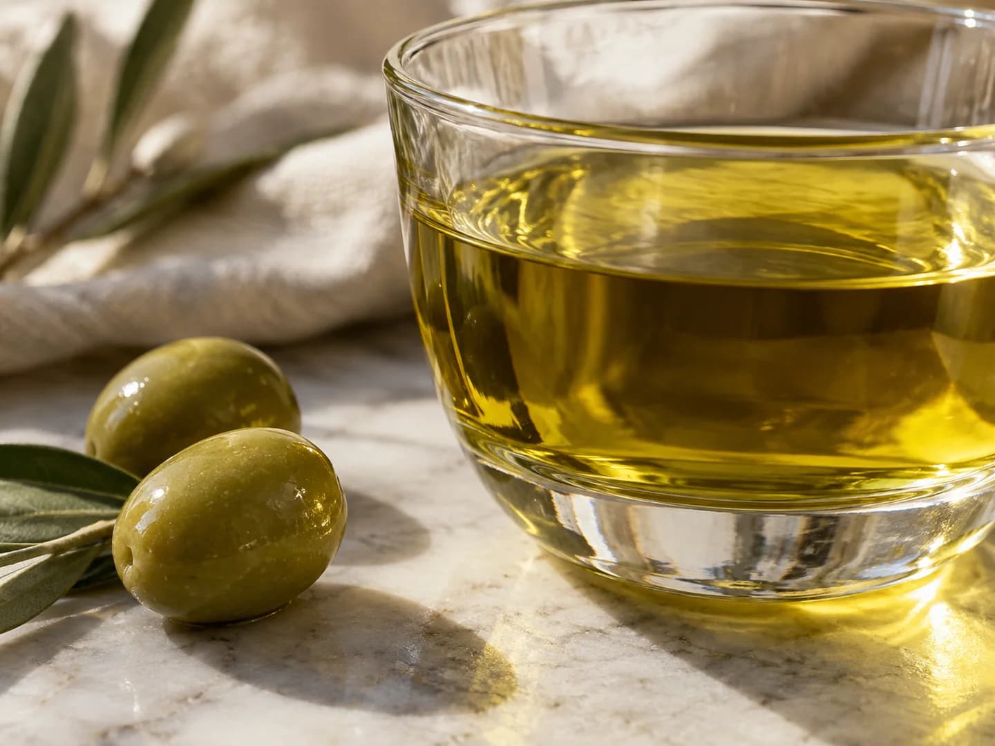 Aceite de oliva virgen extra en un vaso transparente al sol