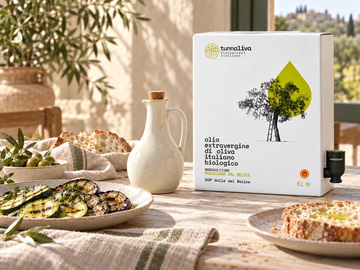 Bag-in-box de aceite en una mesa con pan y verduras