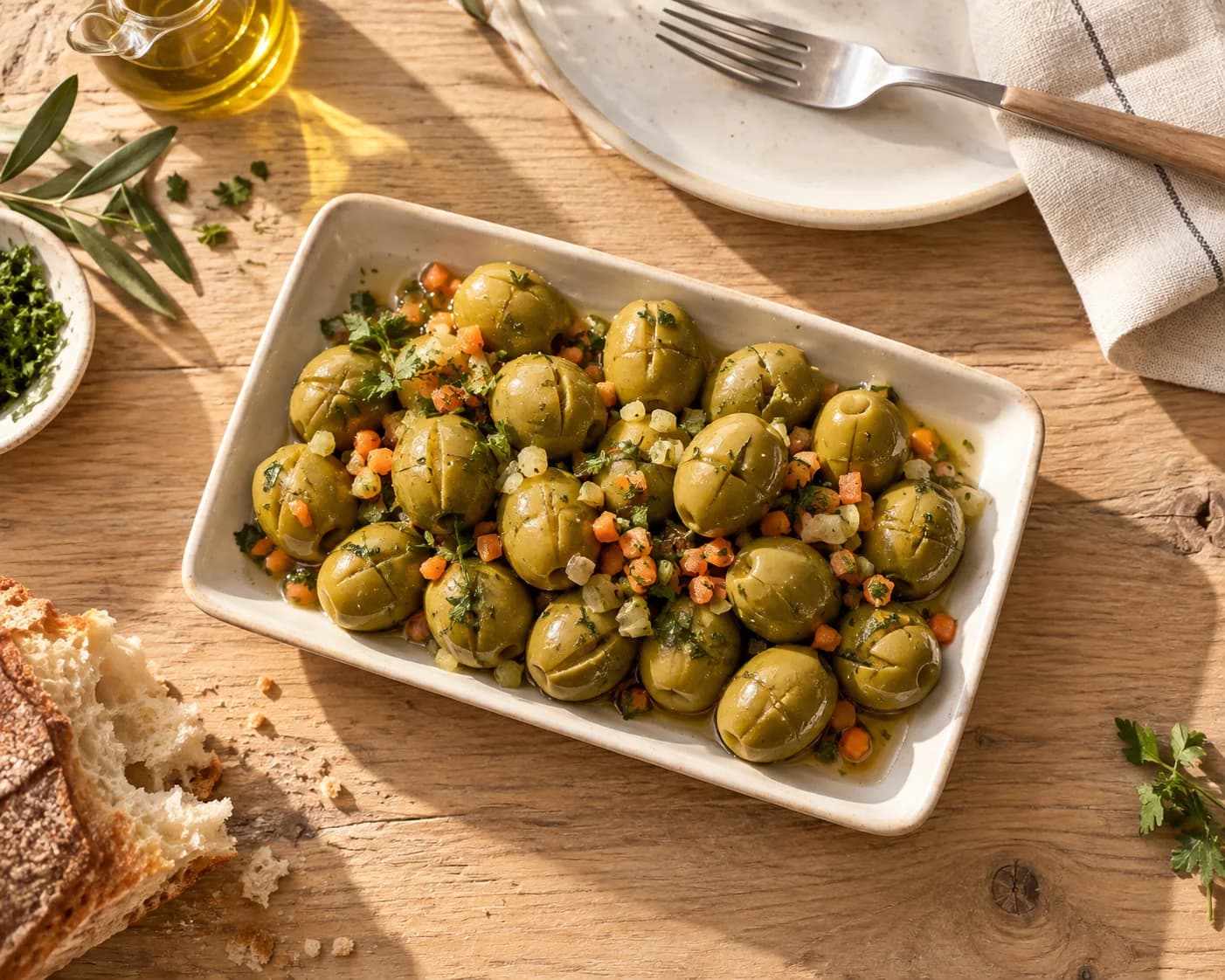 Olives vertes sur une table dressée pour l’apéritif