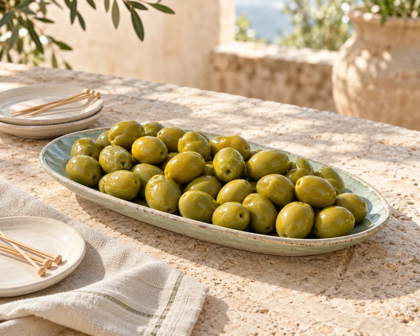 Olives vertes sur une table dressée pour l’apéritif