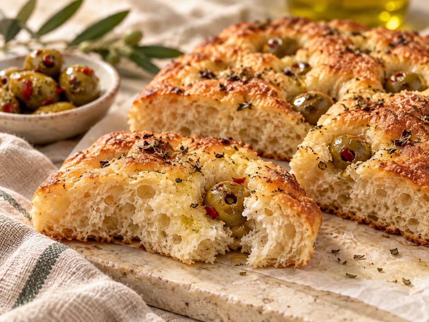 Suggestion de dégustation : focaccia aux olives dénoyautées et aux herbes