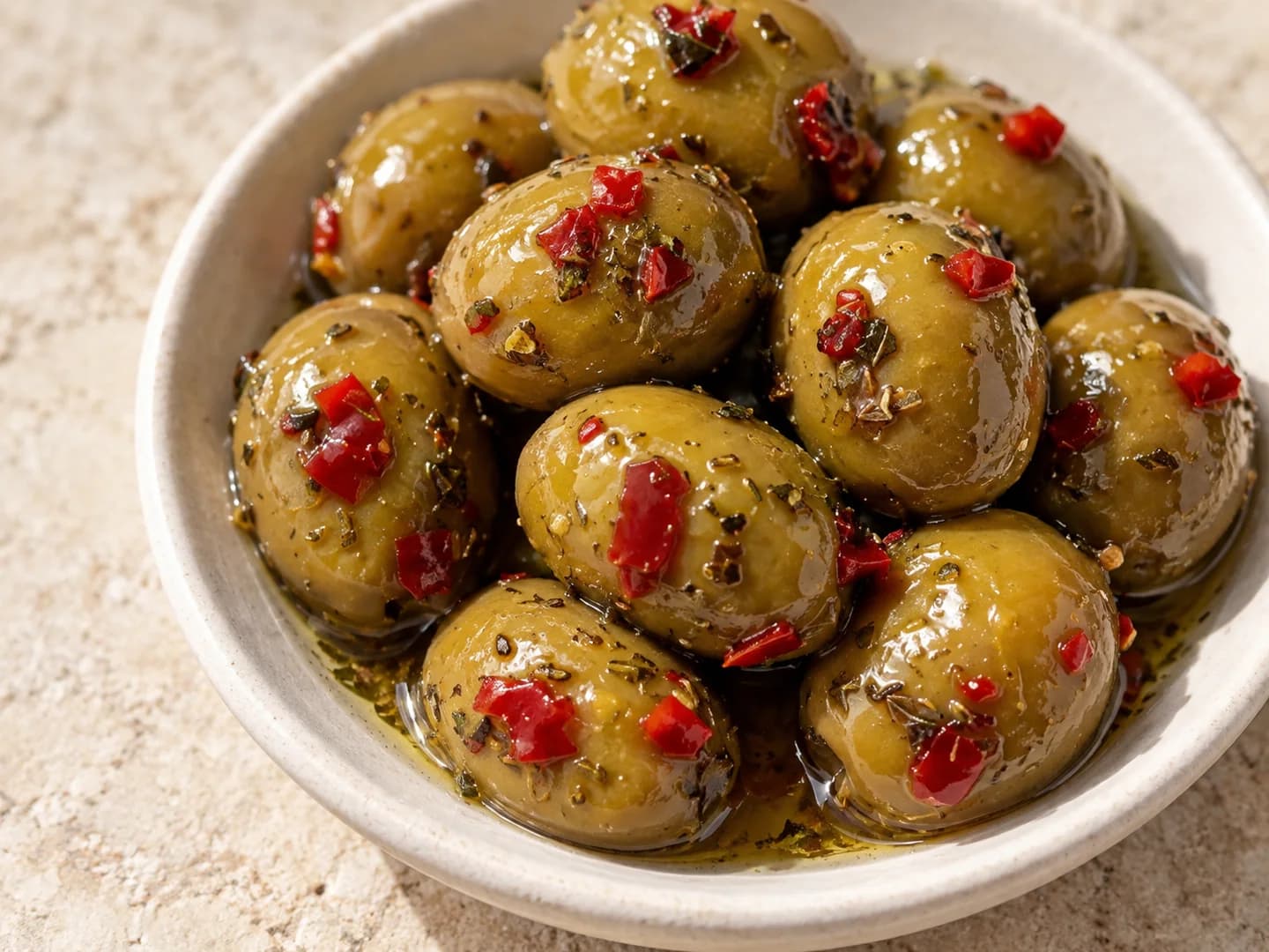 Détail des olives incisées aux herbes et petits morceaux de piment