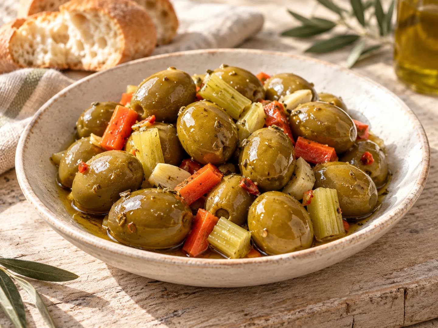 Un plat d’olives assaisonnées avec carotte et céleri à partager
