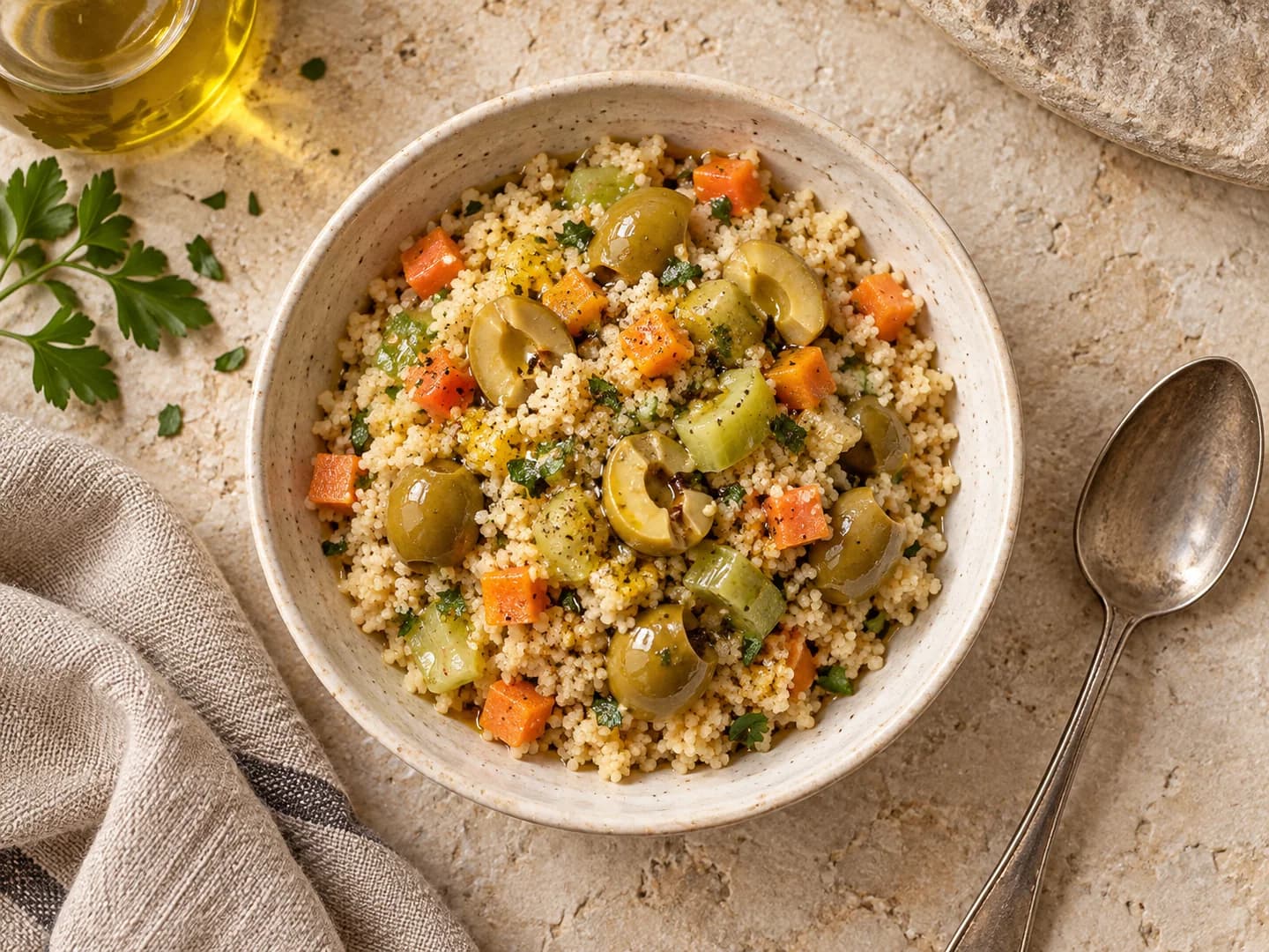 Suggestion de dégustation : couscous aux olives dénoyautées, carotte et céleri