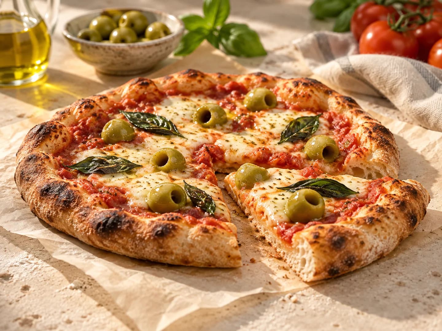 Suggestion de dégustation : pizza à la tomate, mozzarella, basilic et olives vertes dénoyautées
