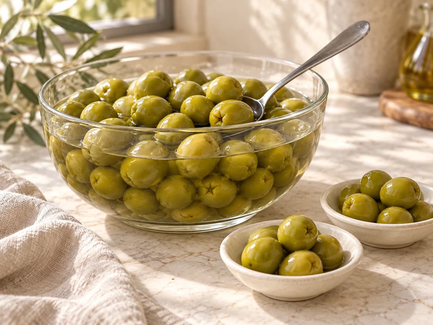 Olives vertes douces en saumure dans un bol transparent avec une cuillère de service
