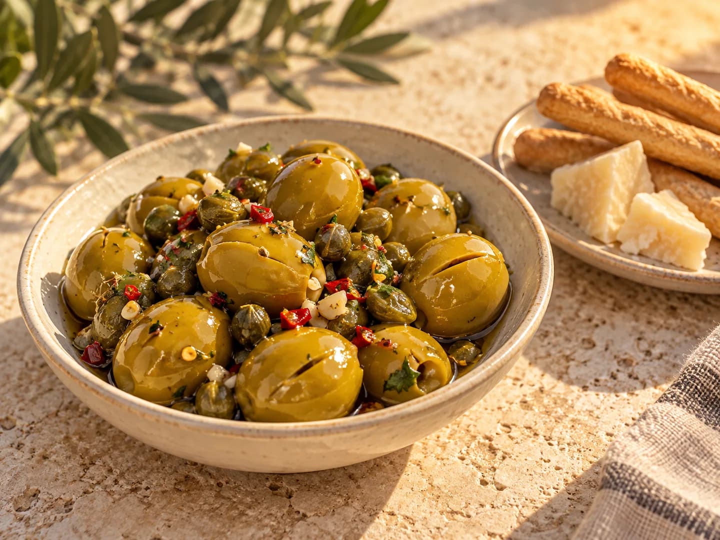 Suggestion apéritive : olives épicées aux câpres, gressins et fromage à côté