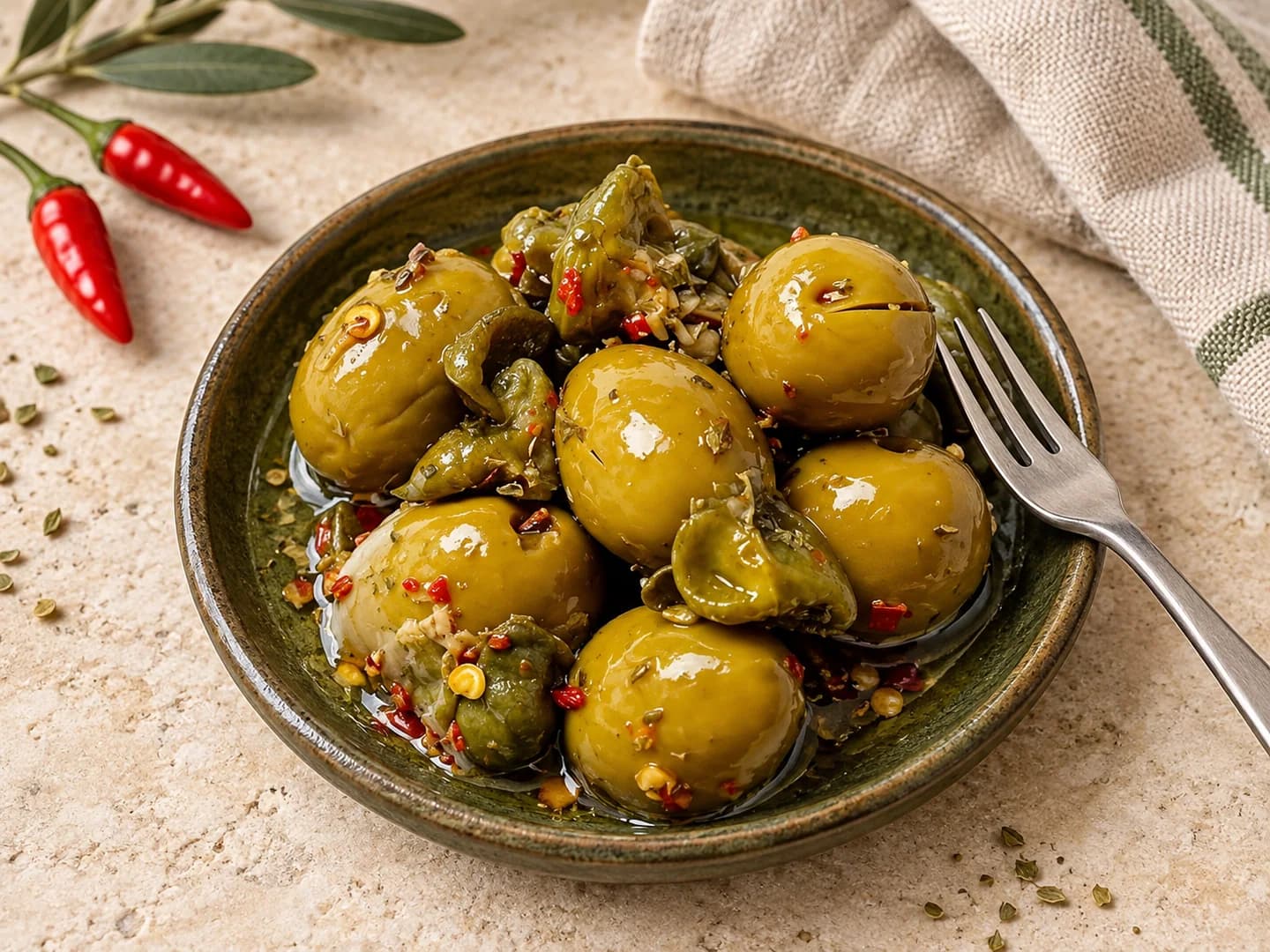 Olives incisées épicées aux câpres et au piment sur une assiette verte