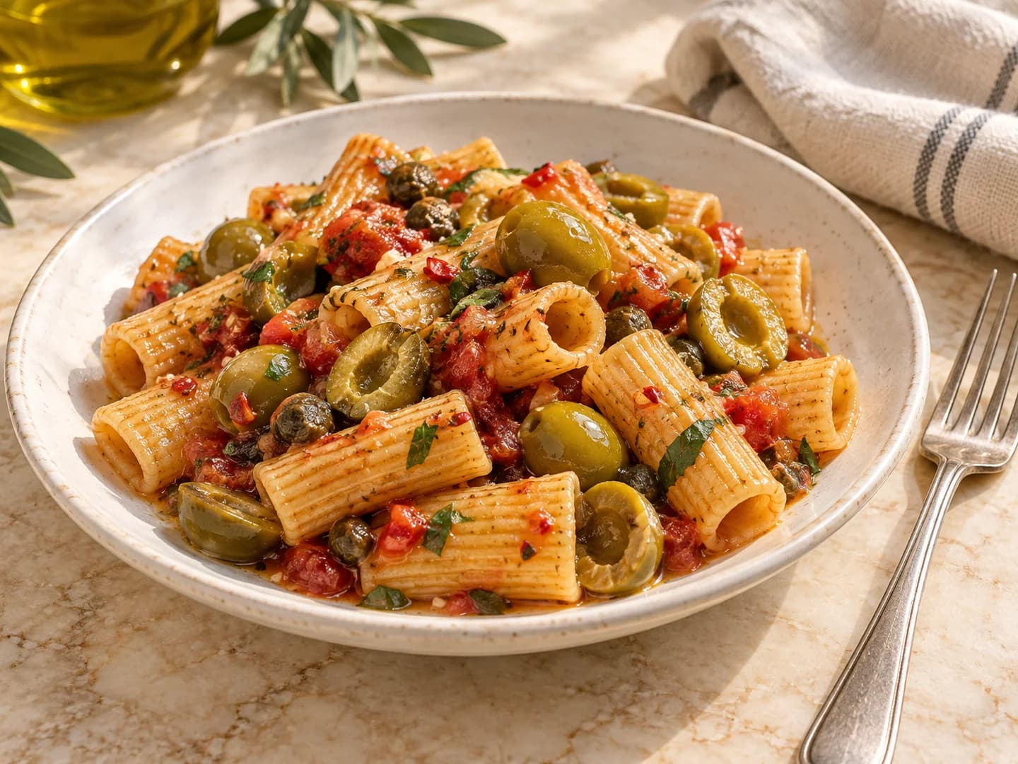 Suggestion de dégustation : rigatoni aux olives dénoyautées, tomate, câpres et piment