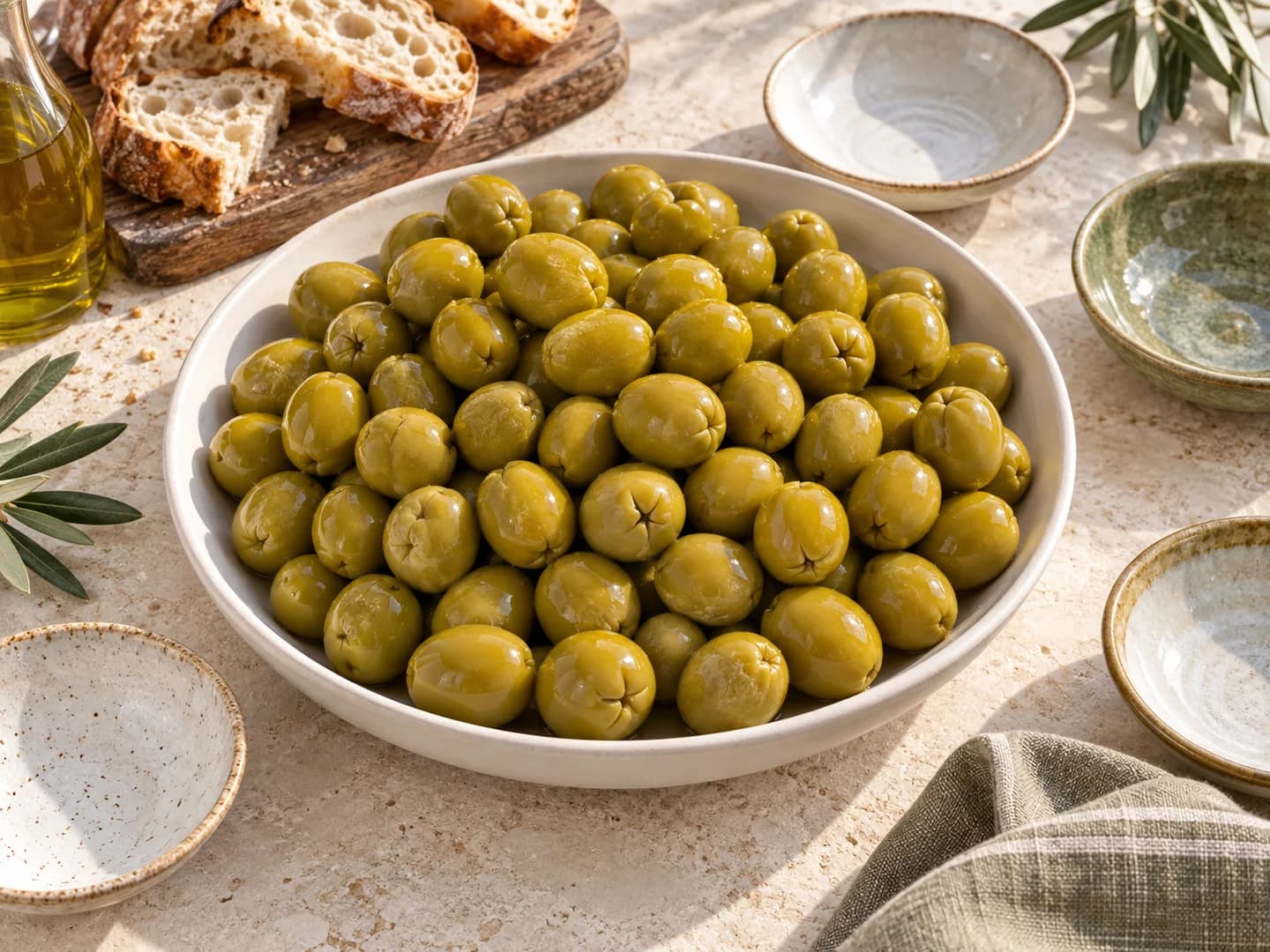 Grande piatto di olive in salamoia con ciotoline per servirle