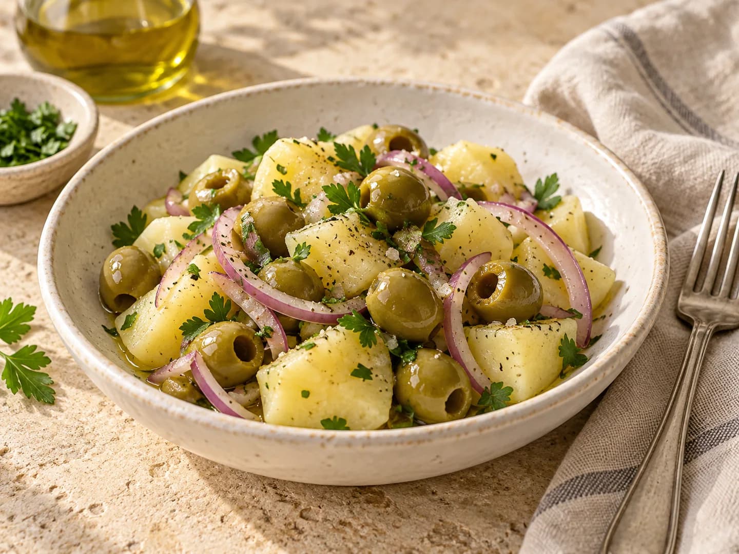 Suggestion de dégustation : salade de pommes de terre, olives dénoyautées et oignon rouge