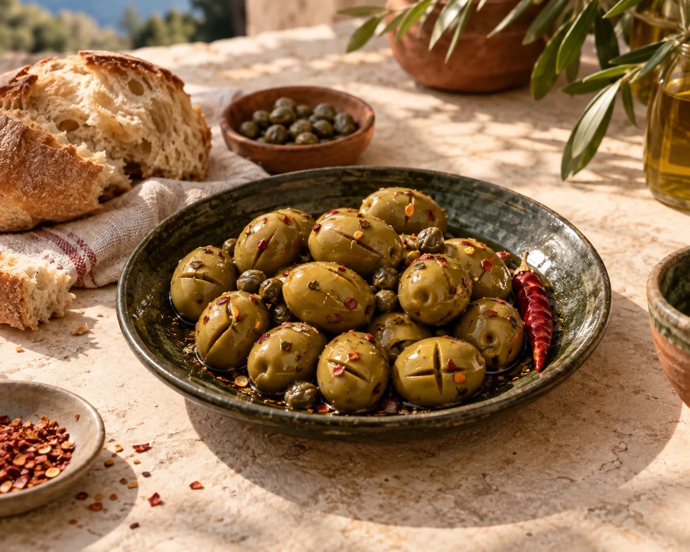 Olives vertes sur une table dressée pour l’apéritif