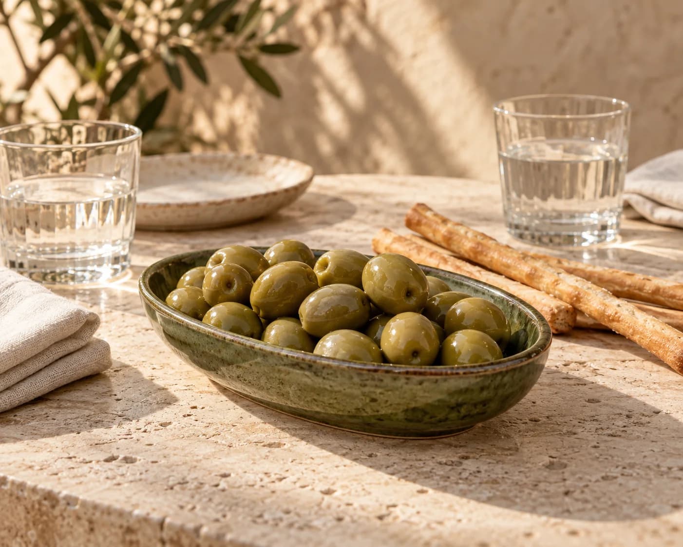 Olive verdi al centro di una tavola apparecchiata per l’aperitivo