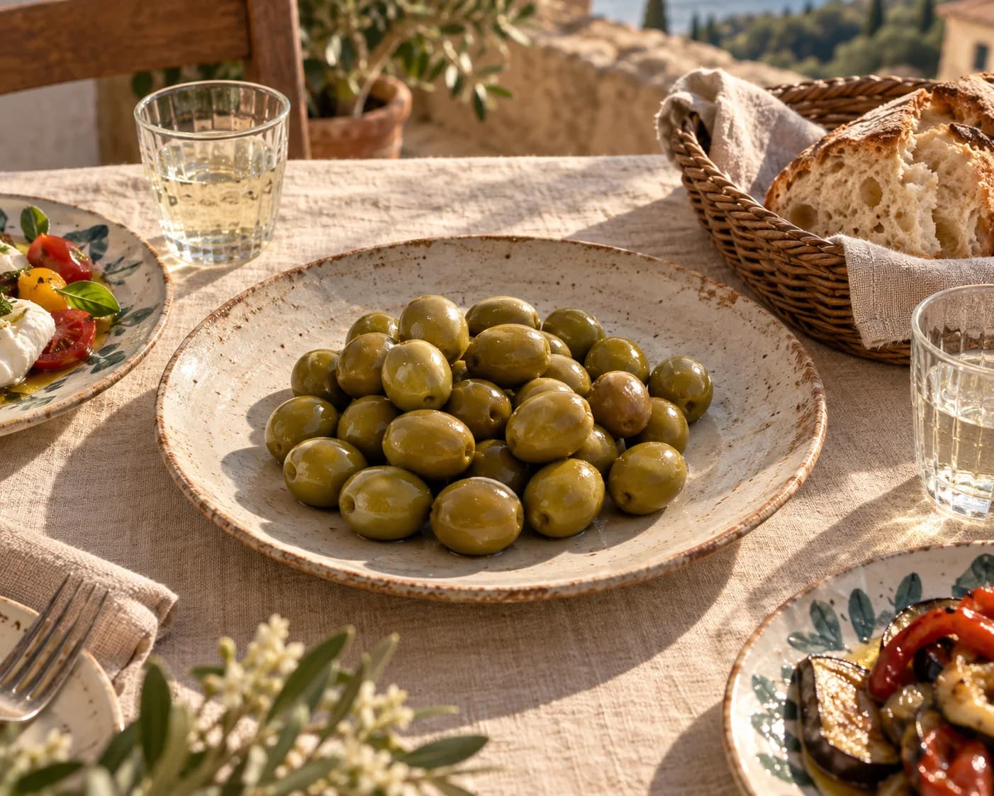 Olive verdi al centro di una tavola apparecchiata per l’aperitivo