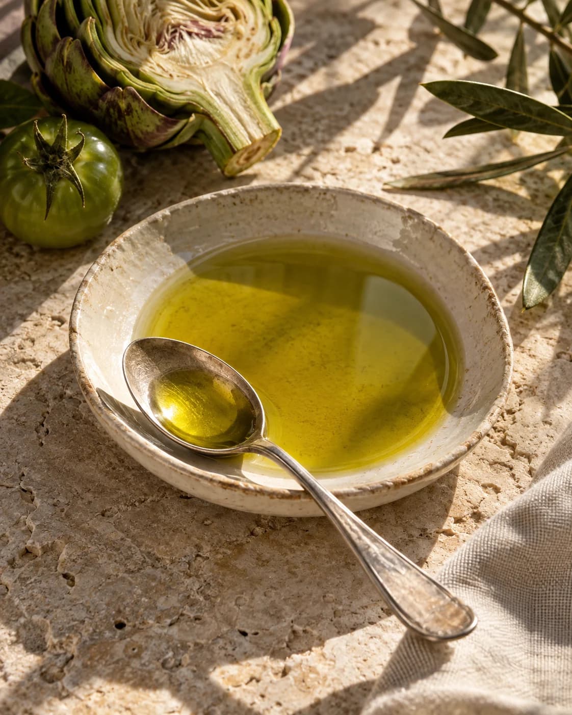 Olio extravergine in una ciotola di ceramica, con un cucchiaio, carciofo e pomodoro verde