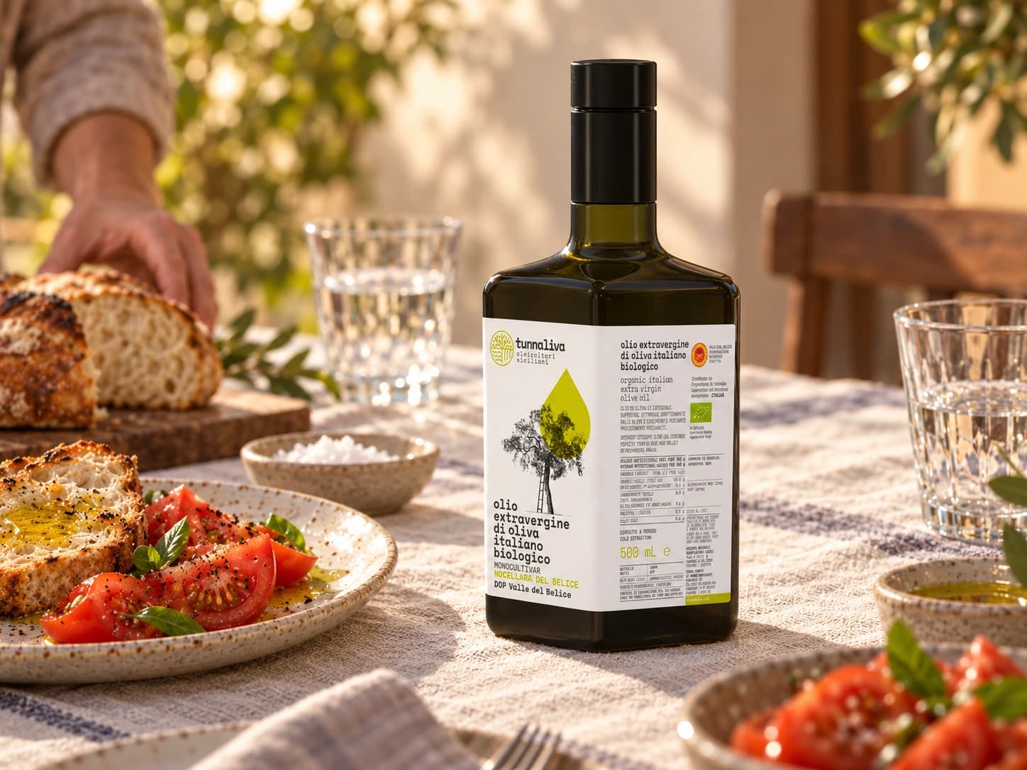 Una bottiglia di olio sulla tavola apparecchiata, accanto a pane e pomodori